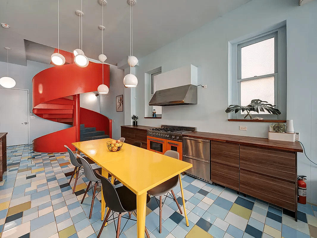 brooklyn open house - kitchen with red spiral stair, colorful tile