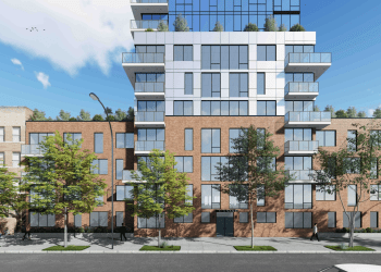 rendering of a brick and glass building