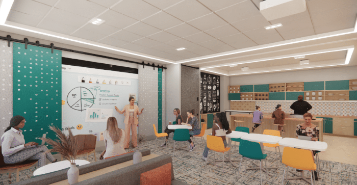 rendering showing a classroom and meeting space