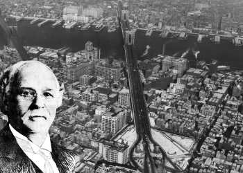 robert gair black and white portrait over and aerial view of dumbo showing the brooklyn and manhattan bridges