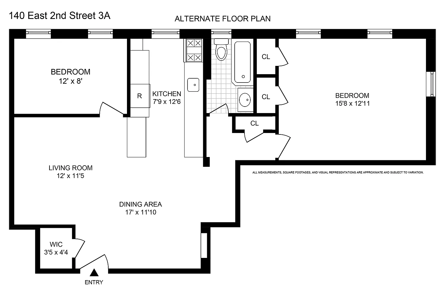 alternate floorplan showing the living room divided to create a second bedroom