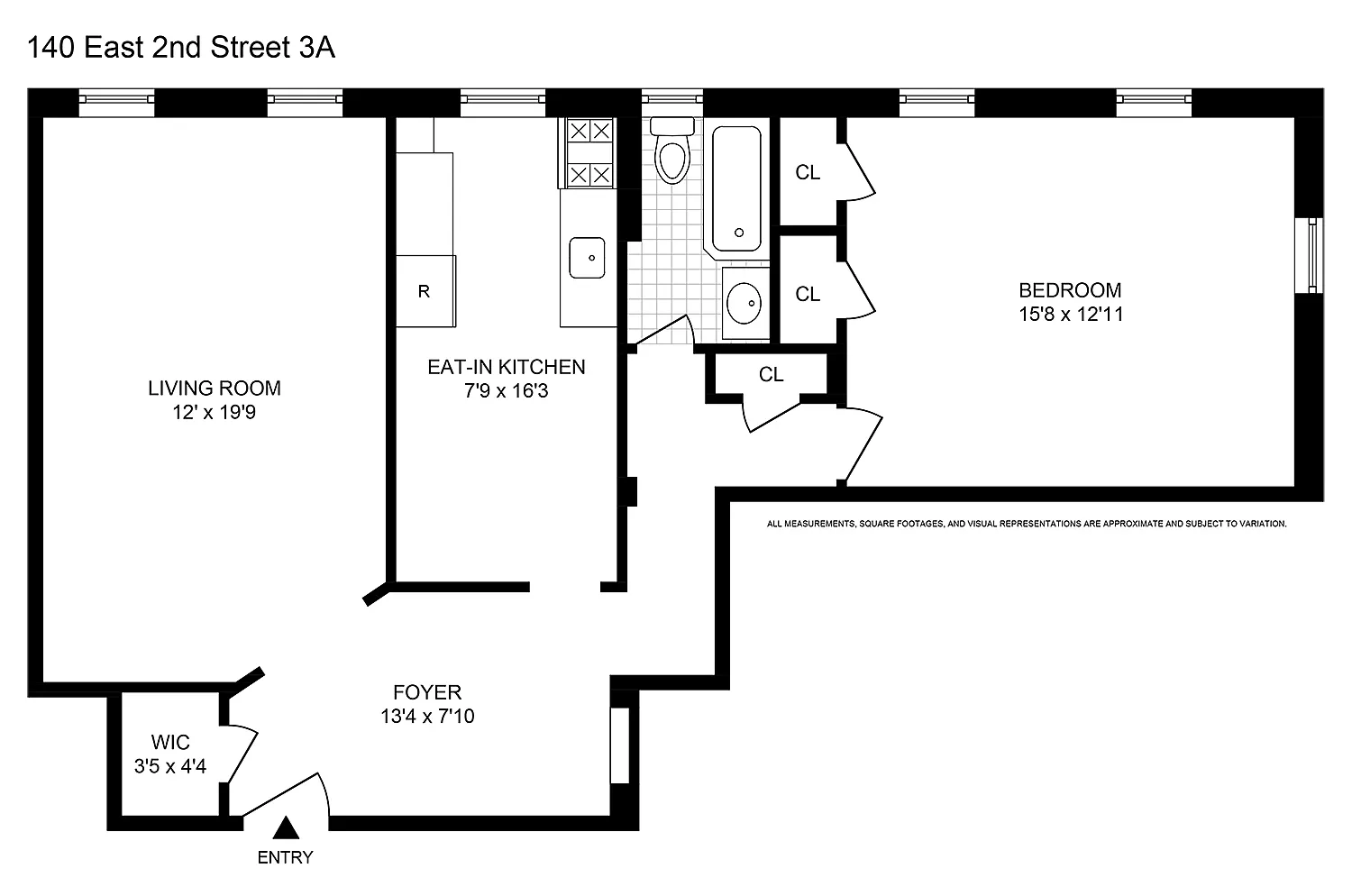 floorplan showing an entry with a walk-in closet and generously sized living room and bedroom