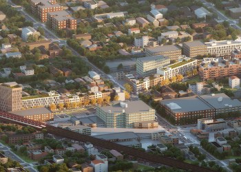 aerial view showing the proposed light rail and the two groupings of buildings