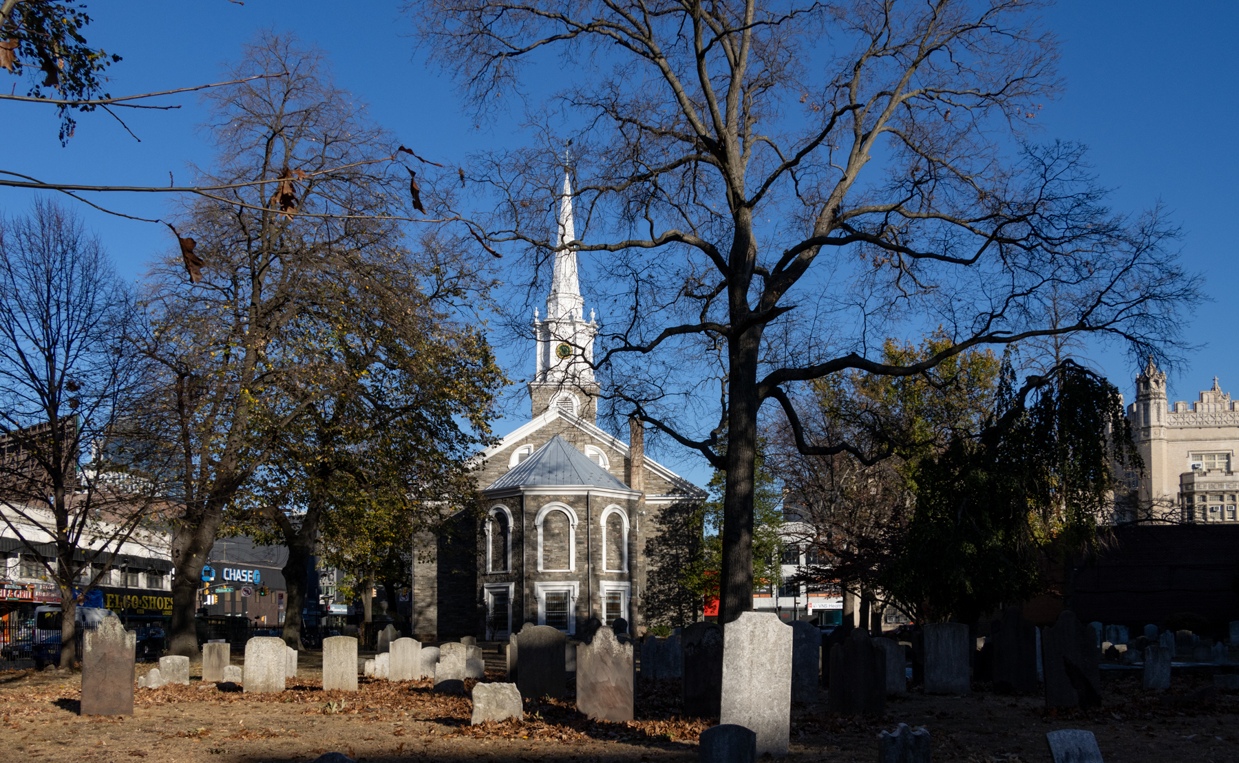 brooklyn - the graveyard and the worship space of the Flatbush Reformed Church