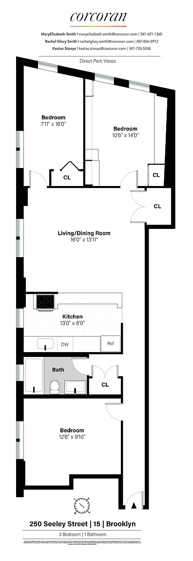 floorplan with a bedroom near the entrance and the other two at the other end of the unit