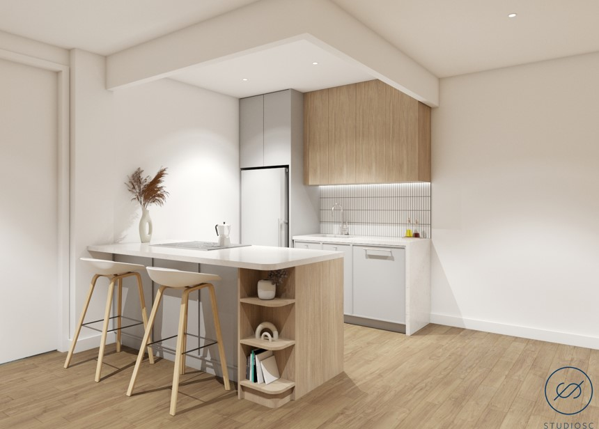 rendering of a kitchen with bar seating