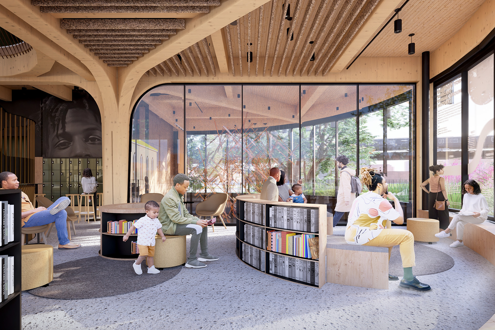 rendering of interior with wood beams and ceiling with seating