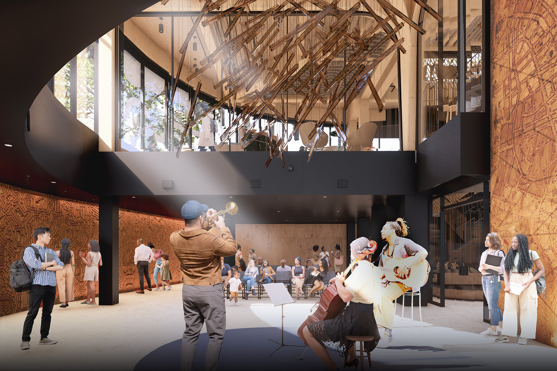 rendering of auditorium with large art piece suspended from ceiling