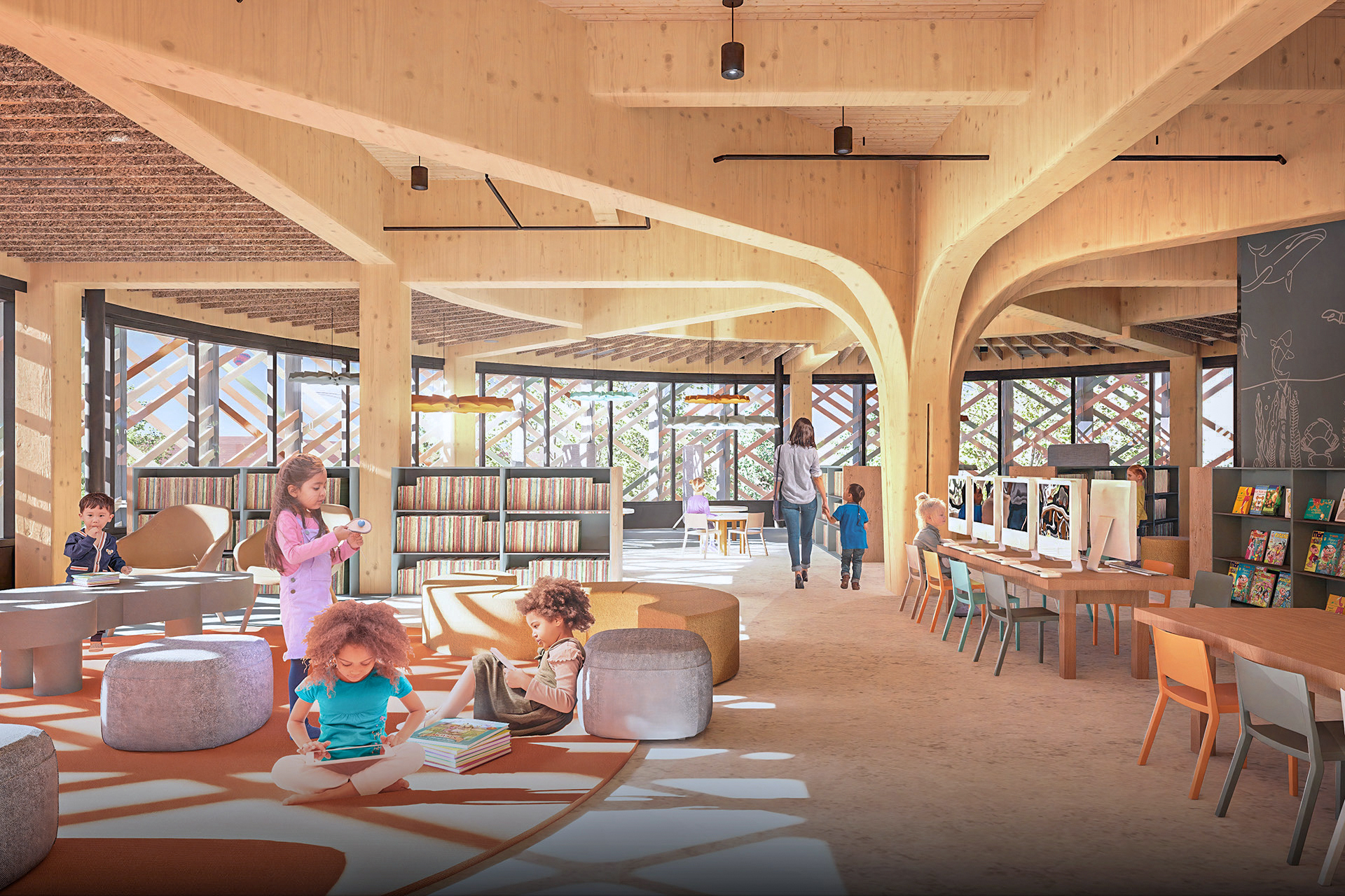 rendering of childrens area with soft seating, small tables, and bookshelves