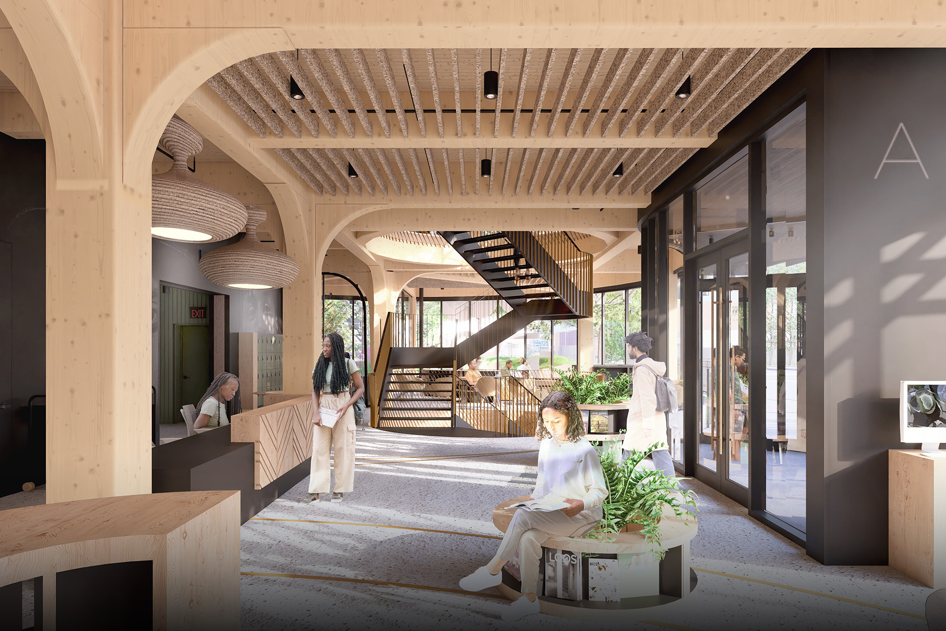 rendering showing lobby with wood accents