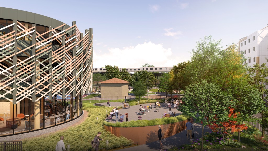 rendering showing curved facade with decorative screen and adjacent plaza