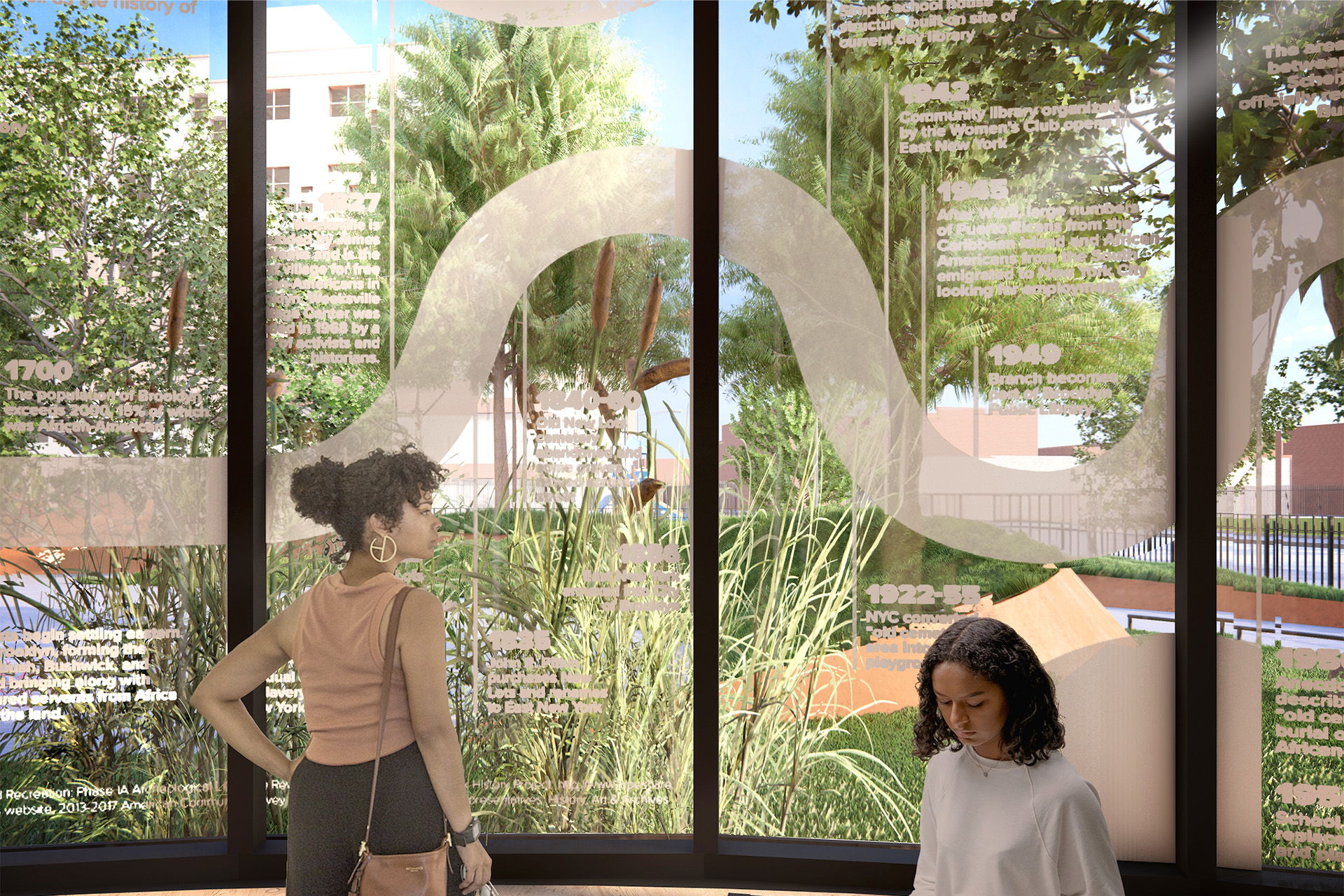 rendering of a timeline on glass with view out to plaza