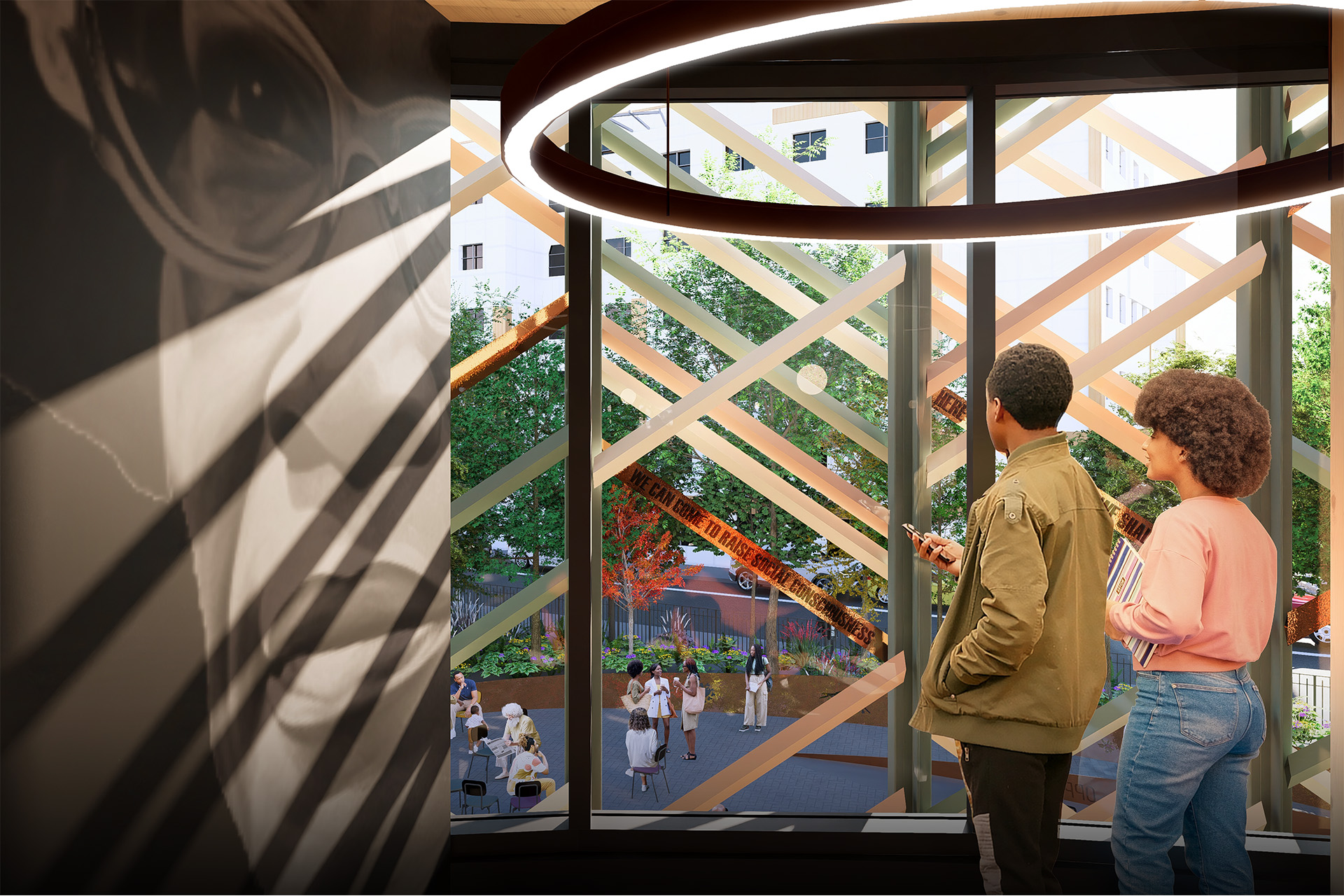 rendering of art installation with view to outdoor plaza