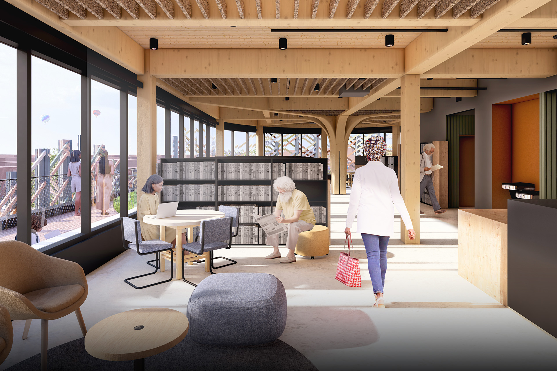 rendering showing wood beams and ceiling with seating areas