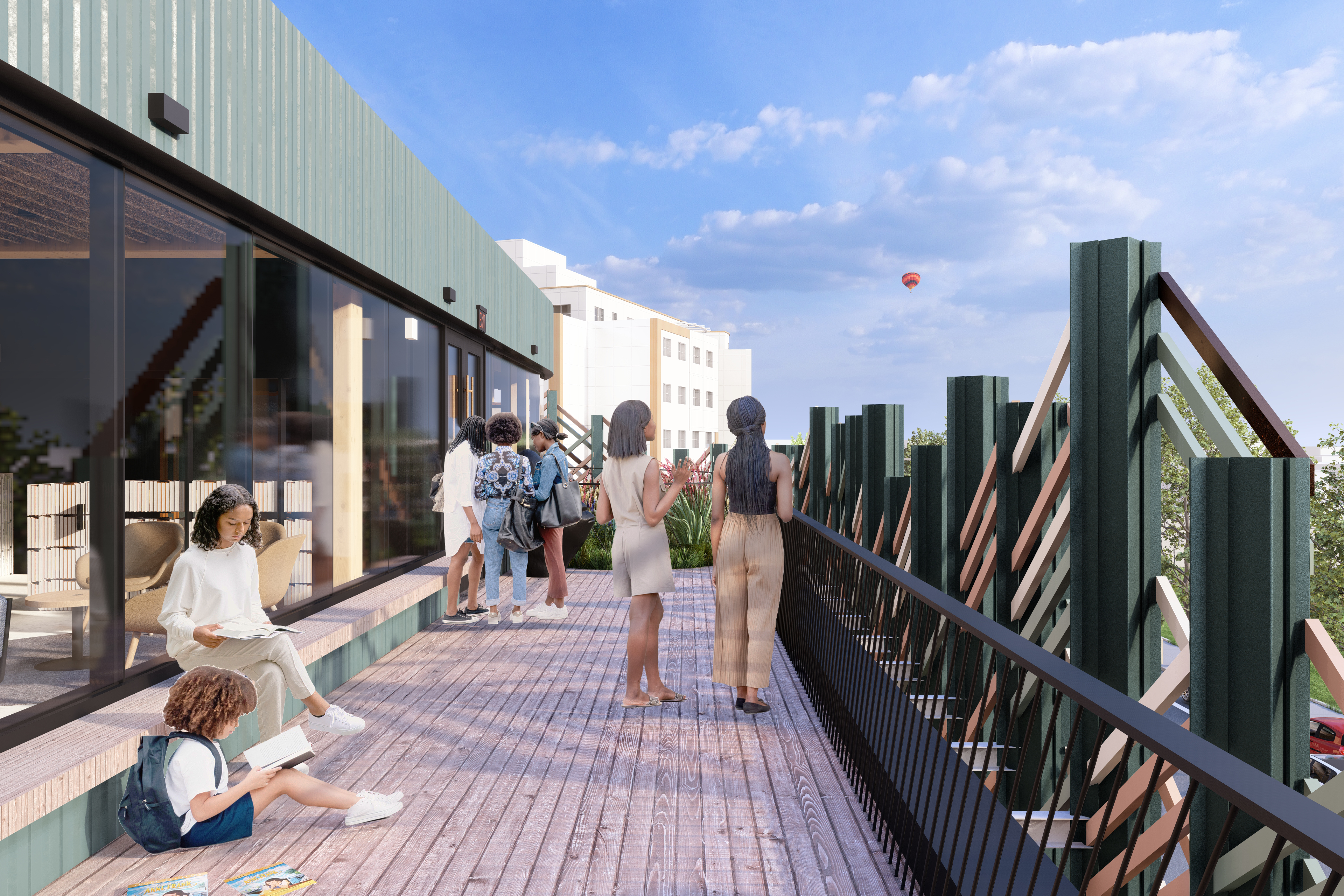 rendering showing a roof terrace with bench seating