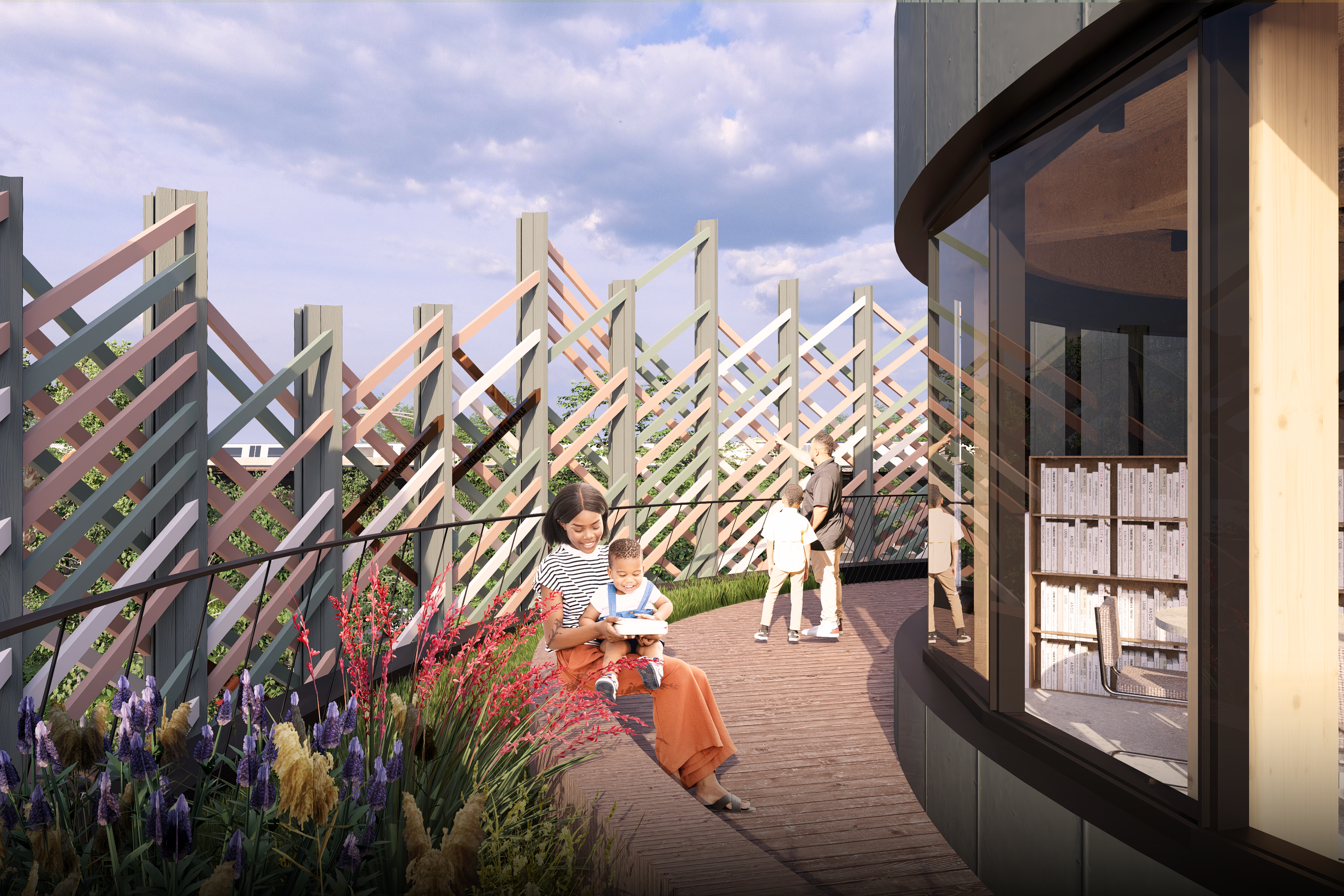 rendering showing exterior seating next to plantings