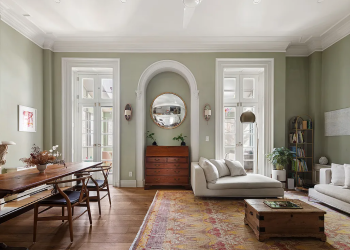 fort greene - living area with french doors to terrace, and arched niche, and wood floor