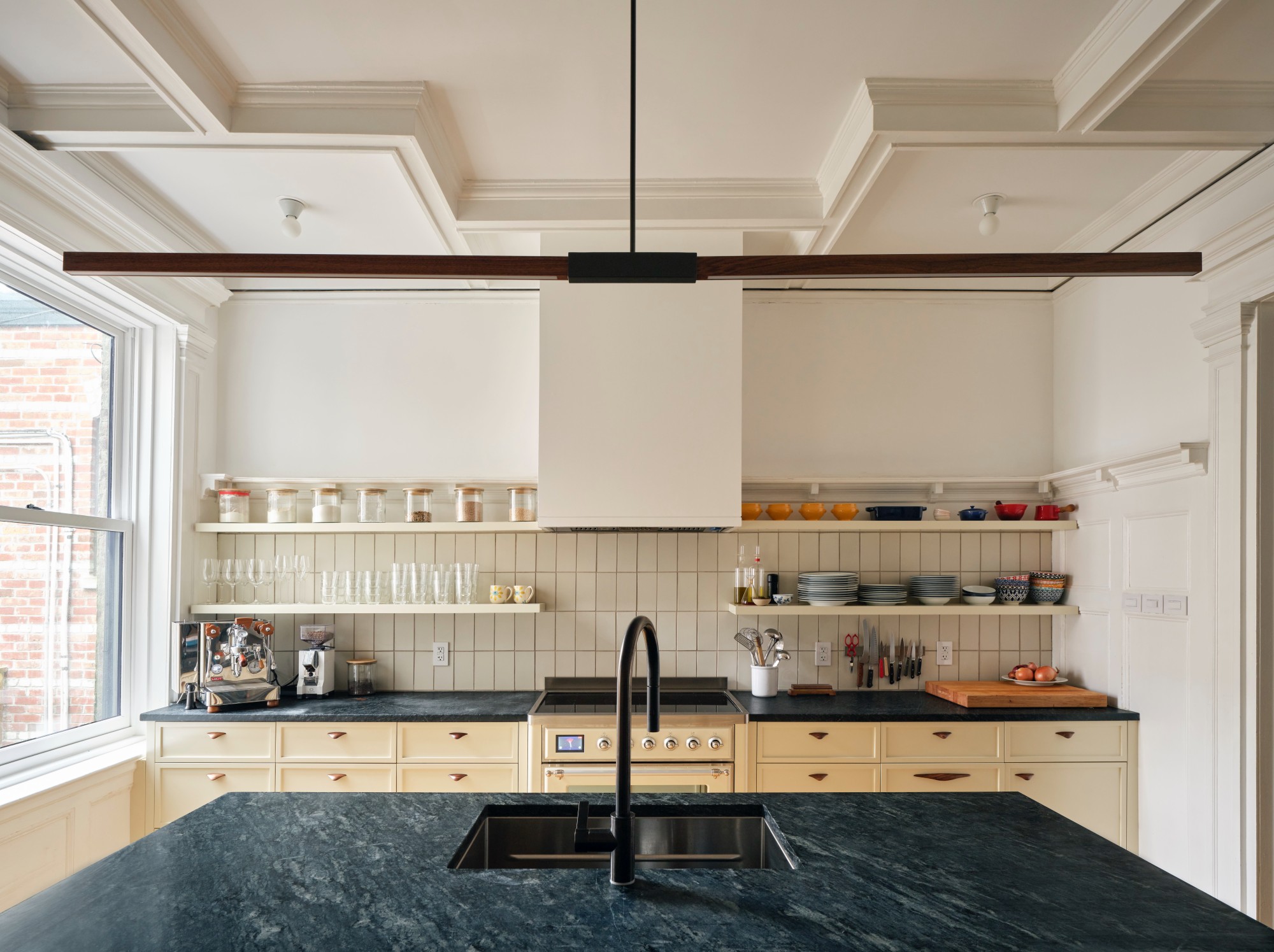 KITCHEN WALL WITH OPEN SHELVES PLASTER CEILING DETAIL