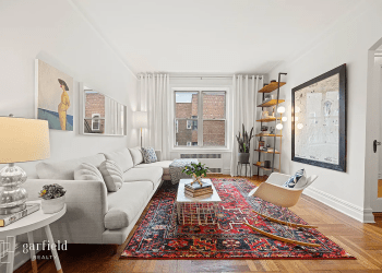 park slope - living room with wood floor, white walls