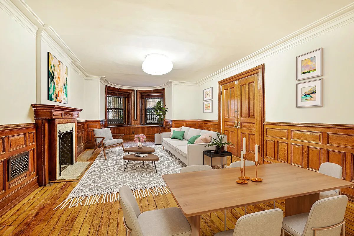 virtually staged living room shown with dining area and seating area