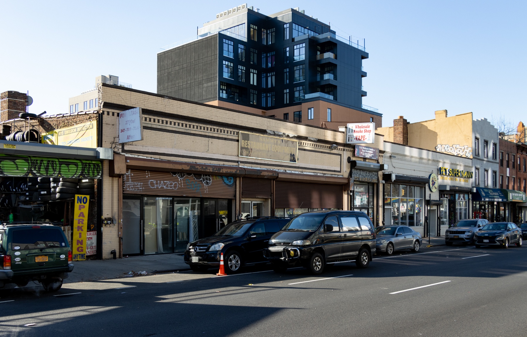 view of low scale buildings including a restaurant supply store on atlantic avenue
