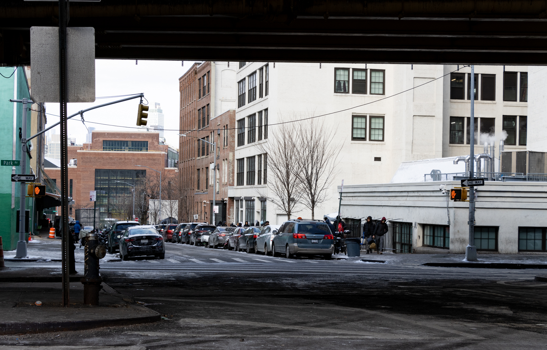view under overpass looking at the industrial buildings on hall street