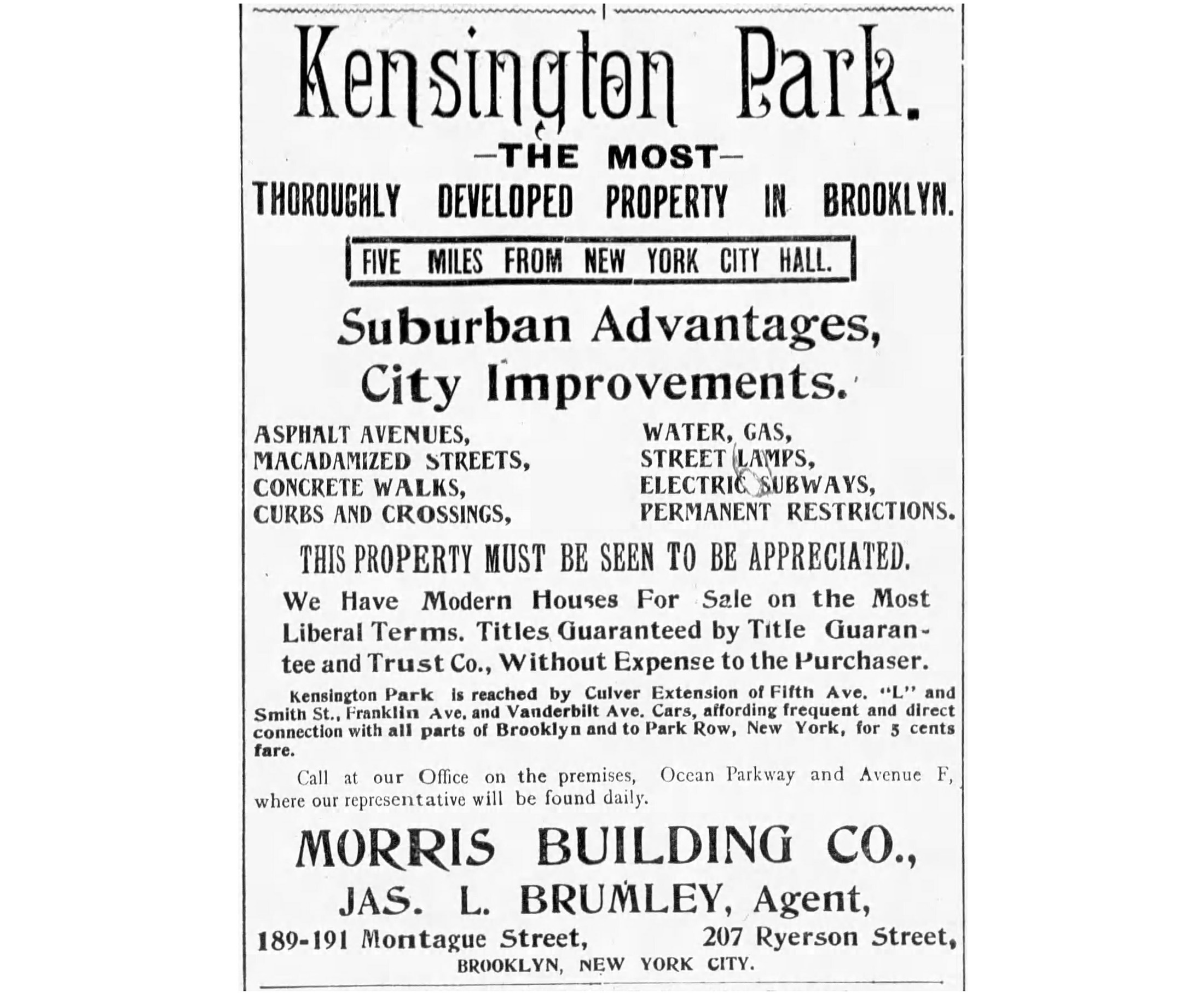 black and white ad for kensington park "the most thoroughly developed property in brooklyn"