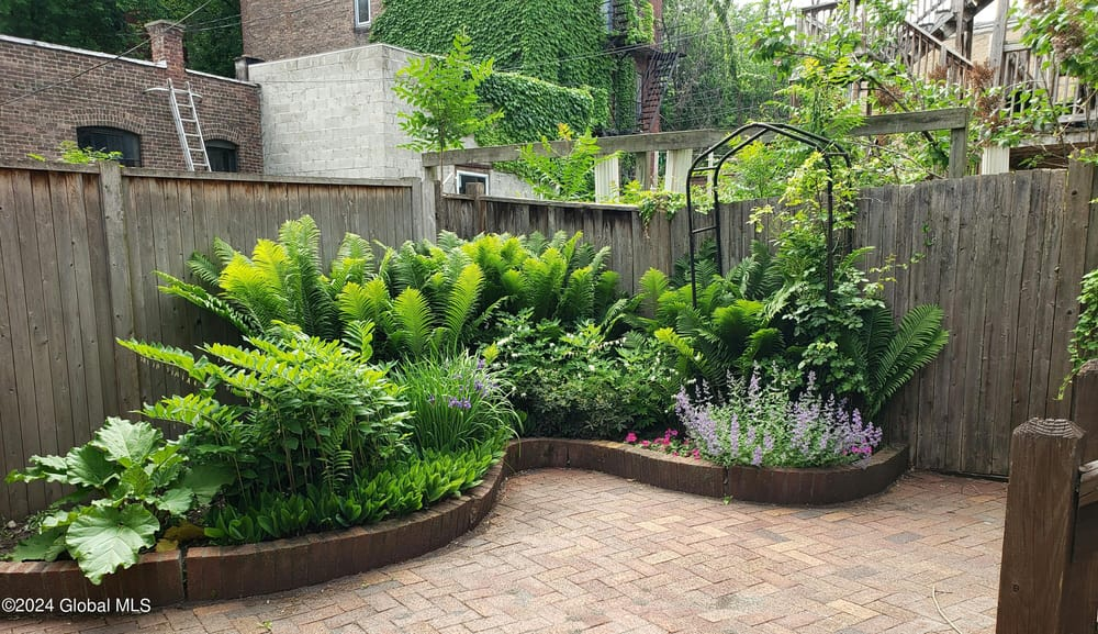garden with paved patio and curved planting bed with ferns