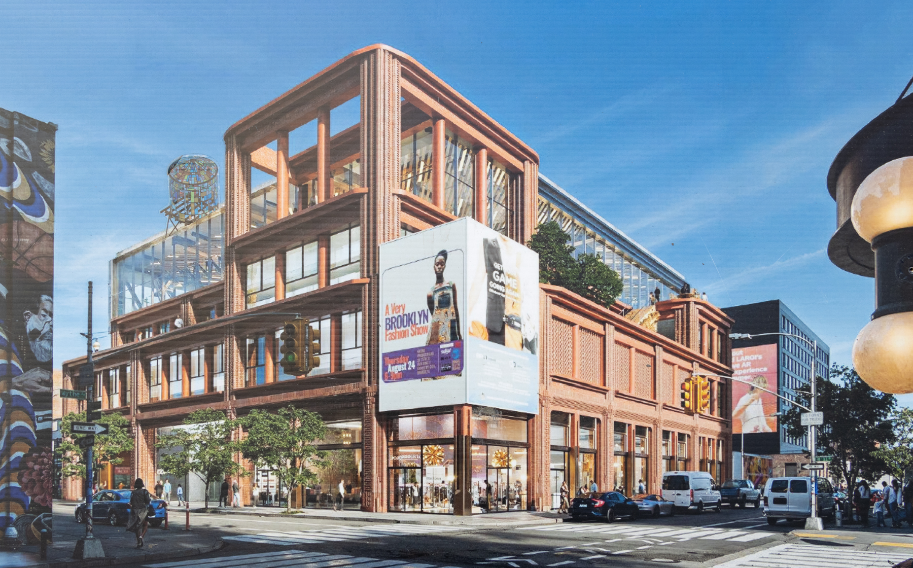rendering showing a multi-story brick building with a water-tower