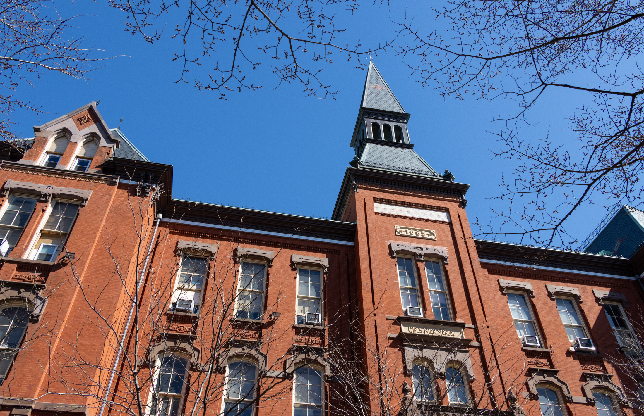 bed stuy - look up at the steeple on top of the girls high school