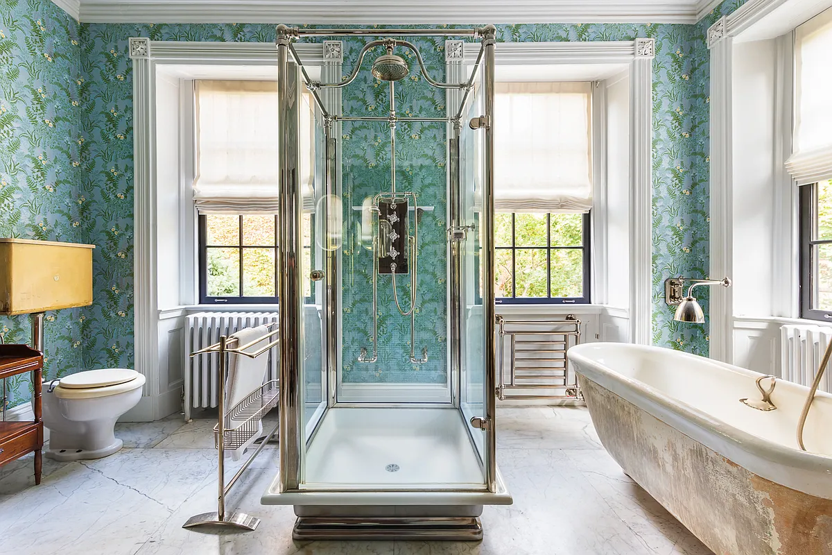 bathroom with shower, soaking tub