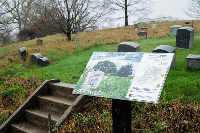 A sign at Green-Wood explains the meadow.