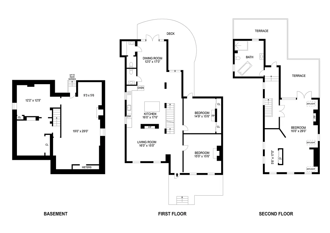 floor plan showing three levels with kitchen in center of first floor