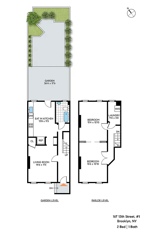 floor plan for duplex showing living and kitchen on garden level with bathrrom and two bedrooms above