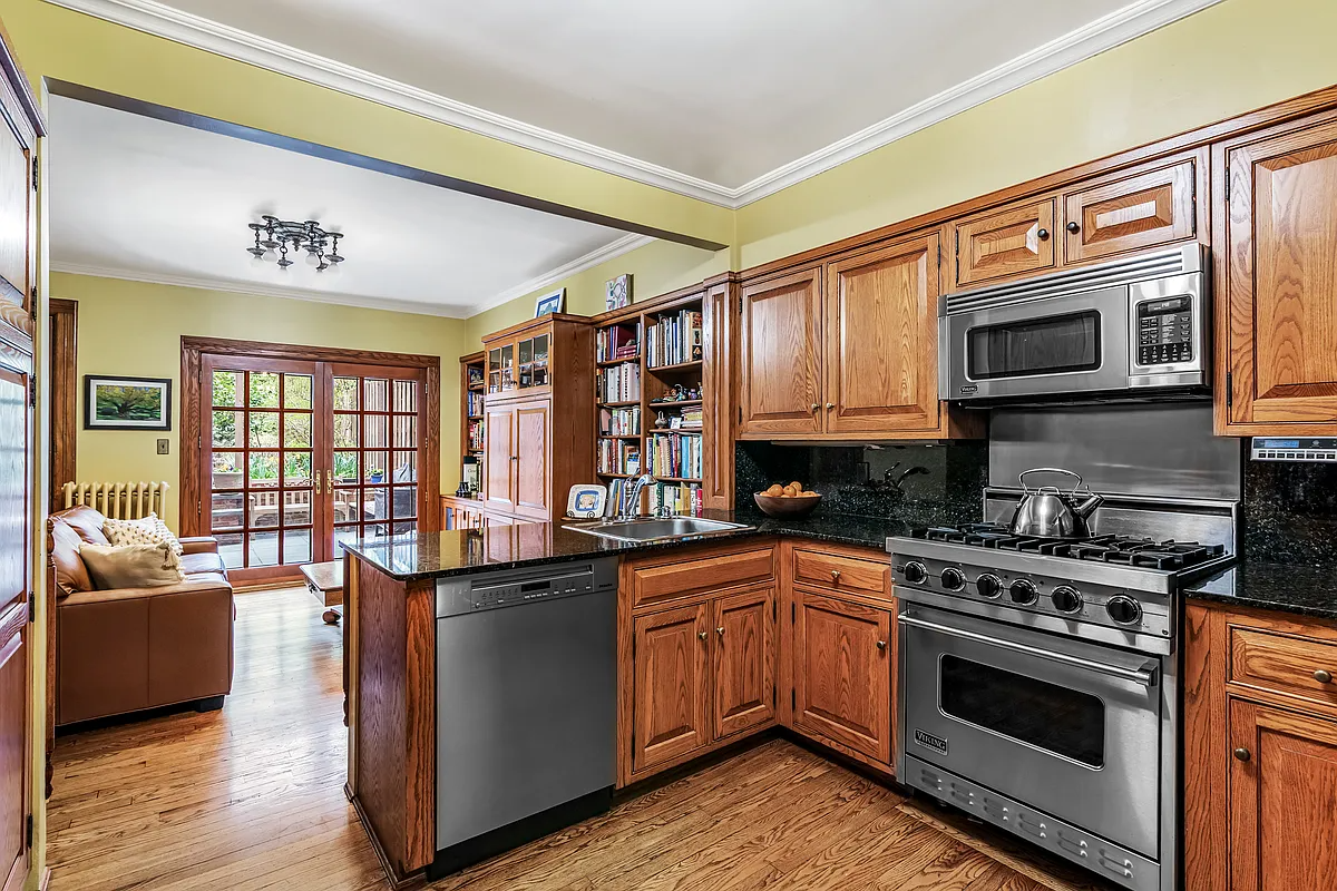 kitchen on garden level with wood cabinets