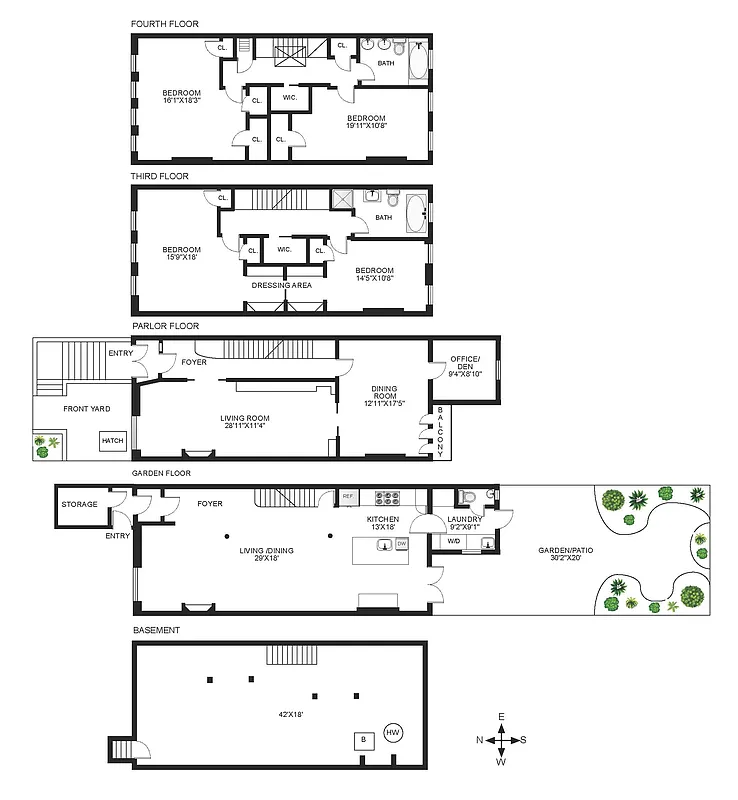 floor plan showing kitchen on garden level , living and dining above, and two floors of bedroom space
