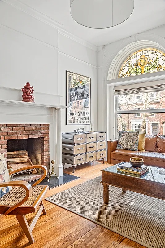 plg - parlor with stained glass, wood mantel