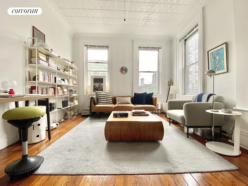 williamsburg - living room with wood floor, tin ceiling