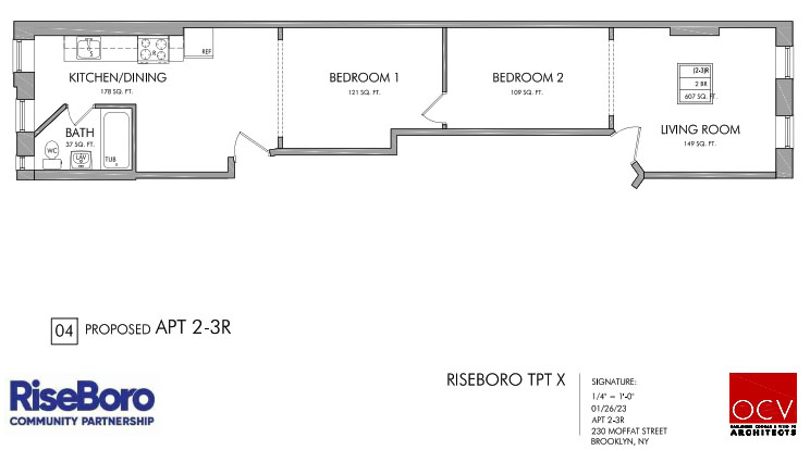 floor plan showing a kitchen at one end and living room at the other