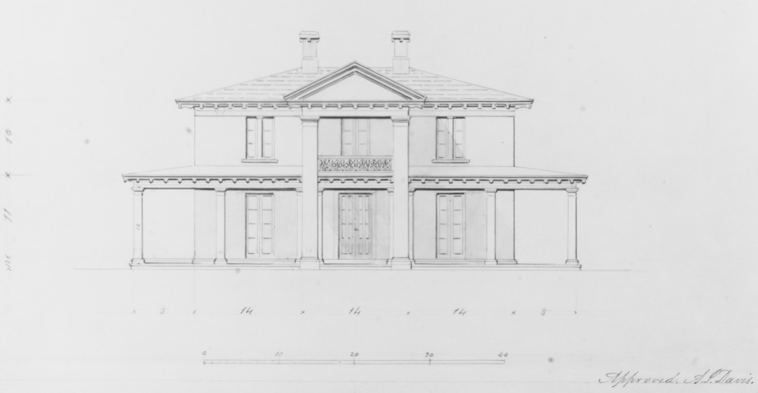 An 1849 drawing by Davis recorded as the "Chamberlin House" in Red Hook, Brooklyn showing a three bay wide house with a two-story pedimented portico