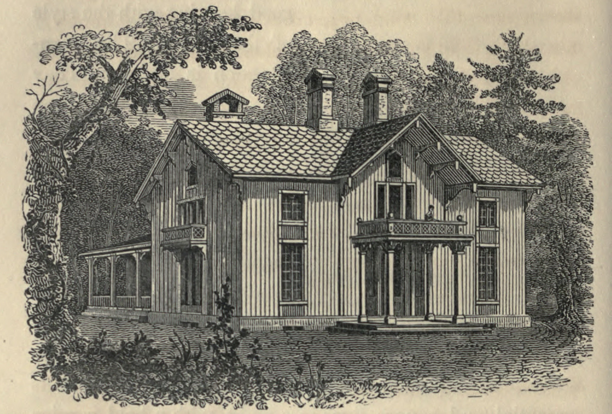 A board and batten cottage published in 1842 by Andrew Jackson Downing.