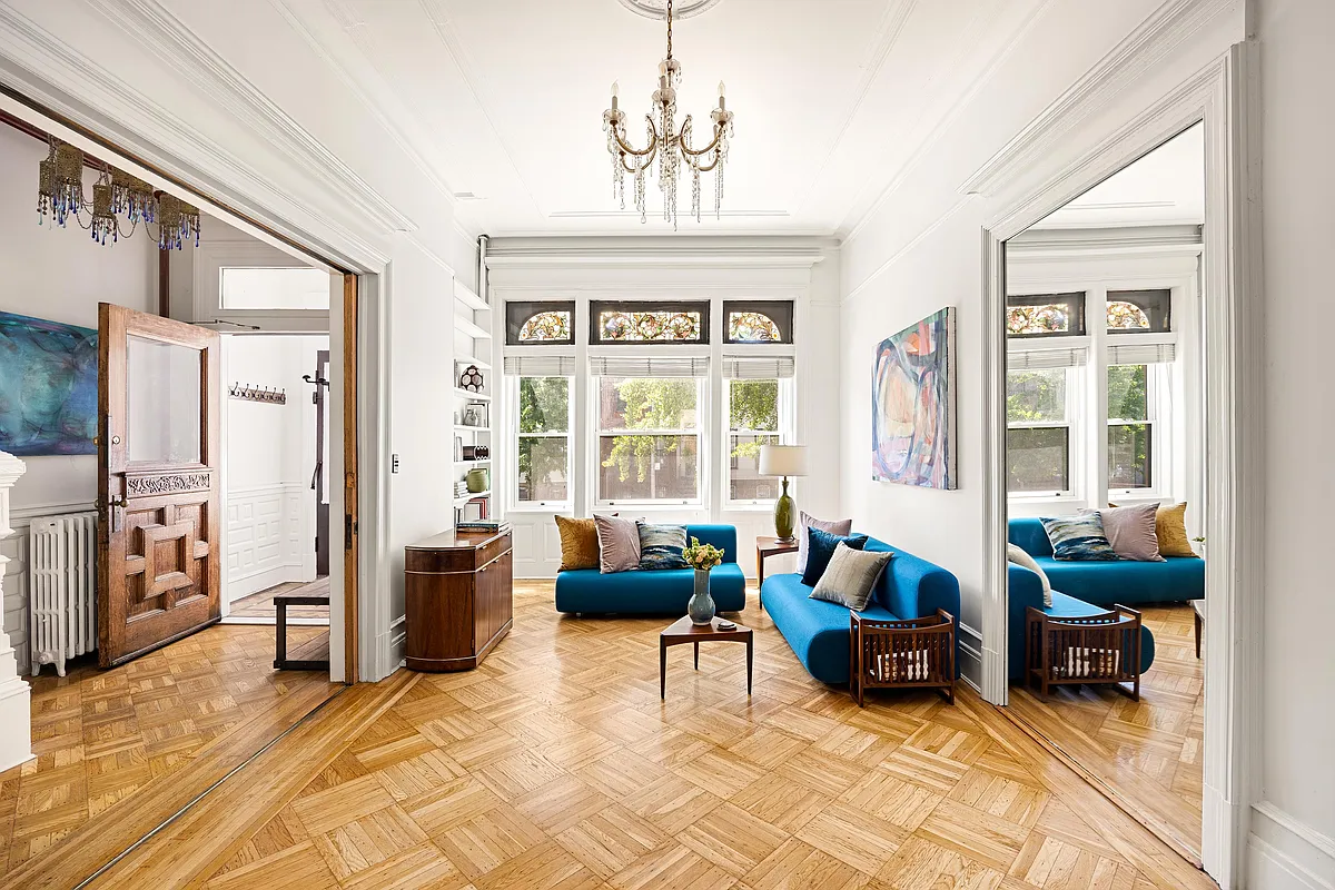 living room with wood floor, stained glass