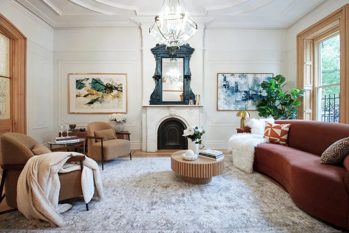 parlor with mantel and wall moldings