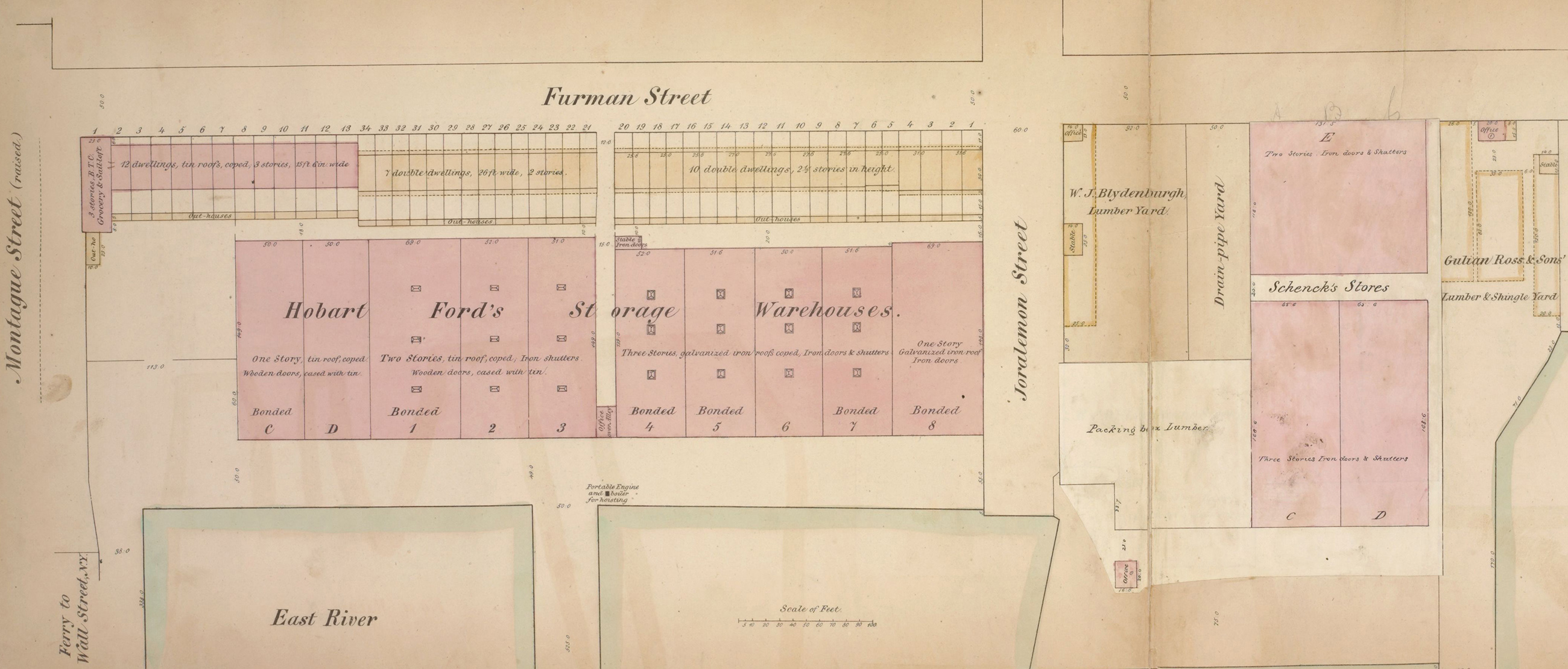 An 1861 map shows the waterfront from Montague Street to Joralemon
