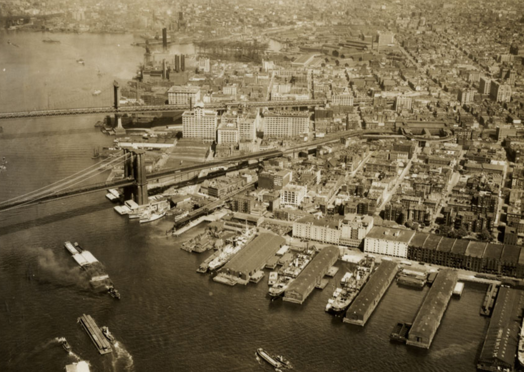 brooklyn - aerial view of warehouses along the waterfront