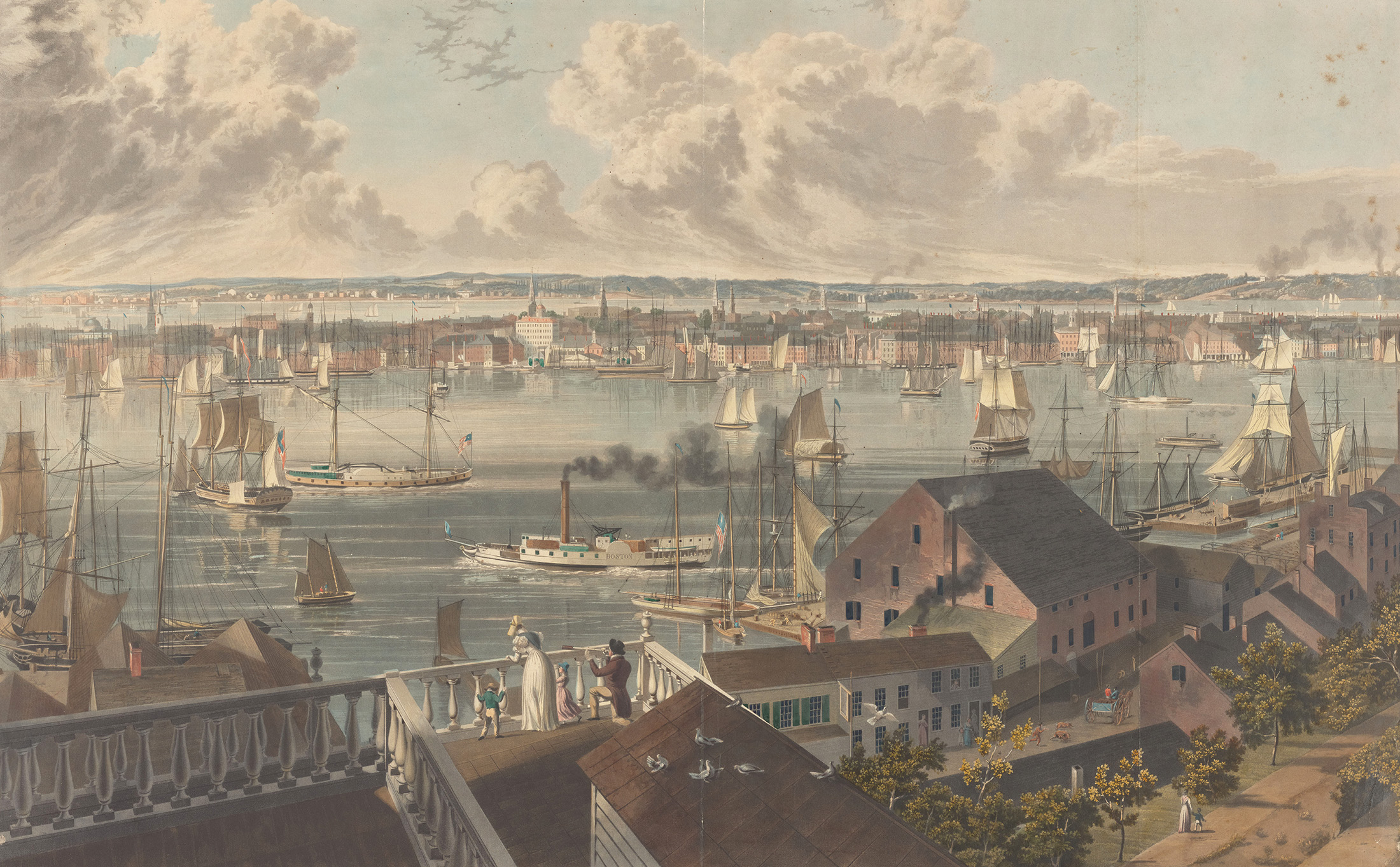 A print from the 1837, based on a painting by J. W. Hill, depicts a portion of the Brooklyn Heights with Manhattan visible beyond