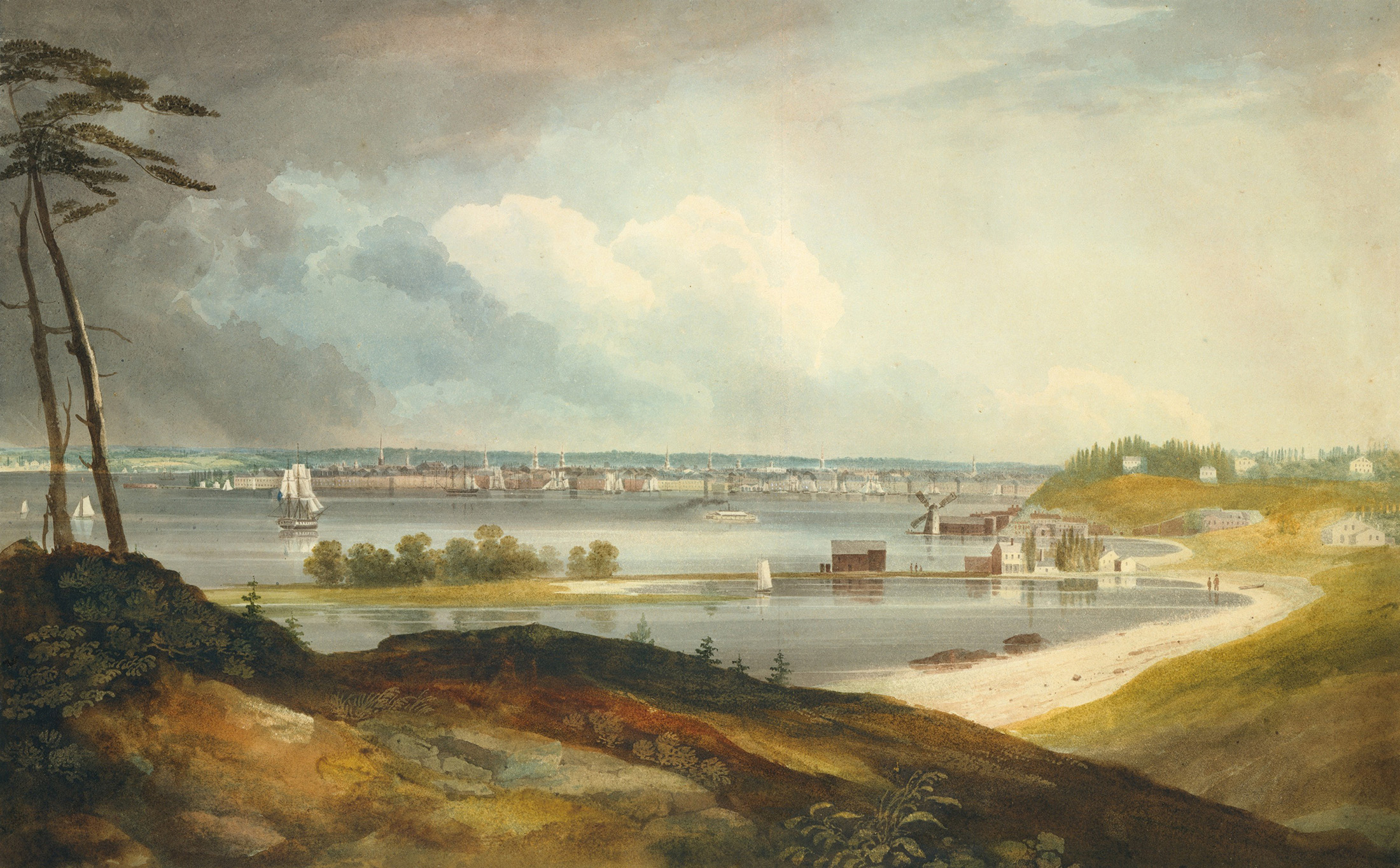 A watercolor, painted by Irish-born artist William Guy Walsh circa 1820-1823, shows a glimpse of the Brooklyn Heights Waterfront.