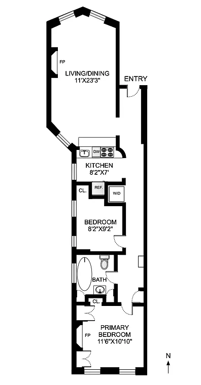 floorplan showing living room on one end and bedrooms on the other