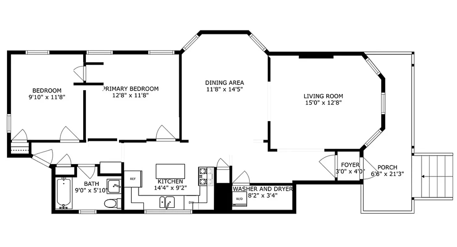 floor plan with bedrooms on one end and living room on the other