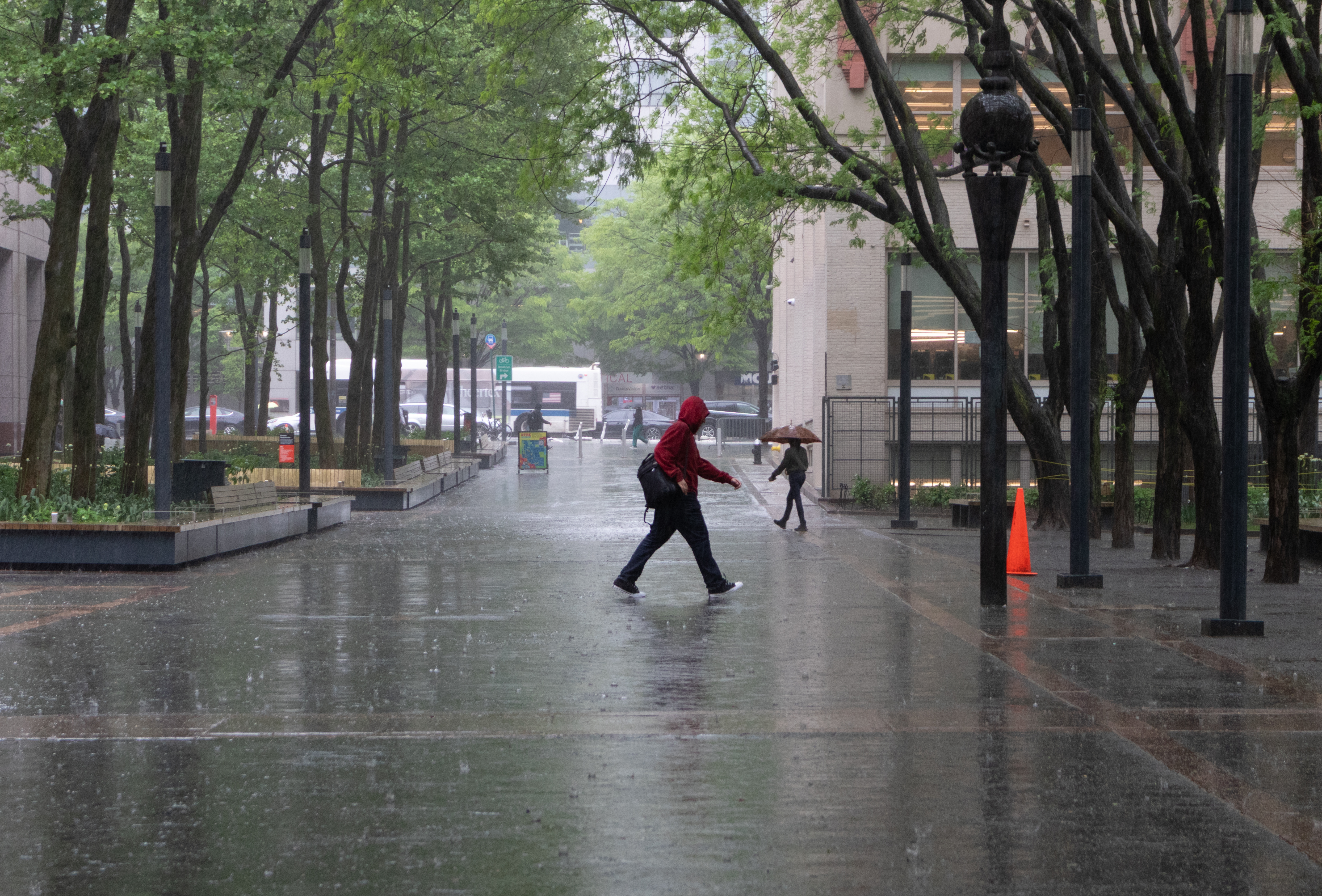 brooklyn - rain in downtown brooklyn, people with and without umbrellas